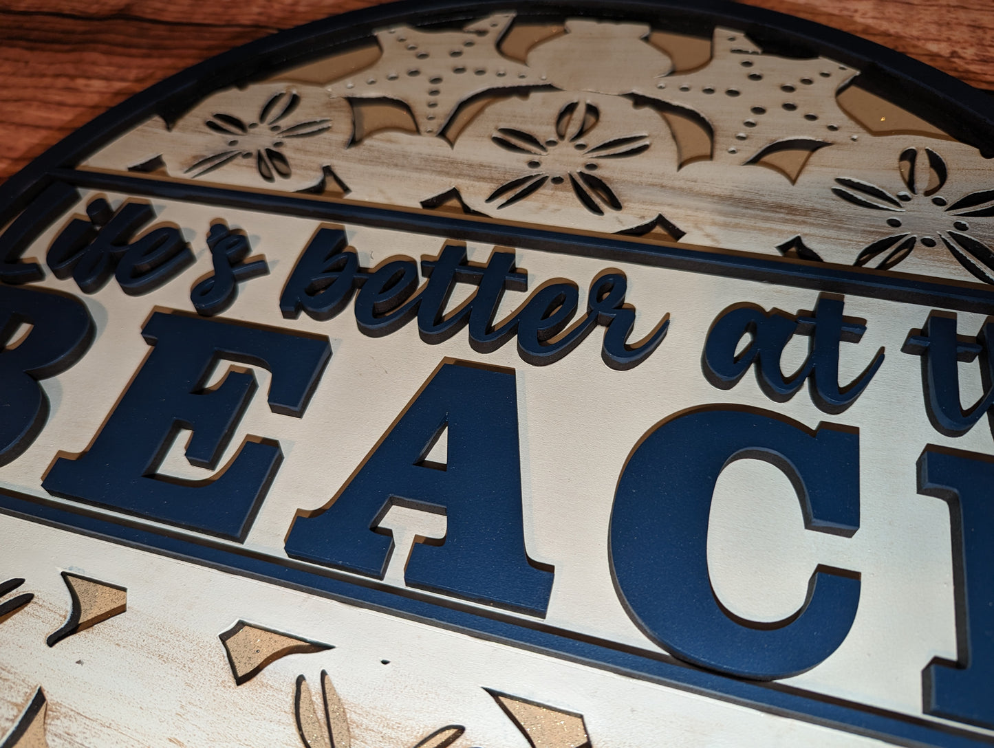 Life's Better at the Beach with Shell Lacy Background Door Sign