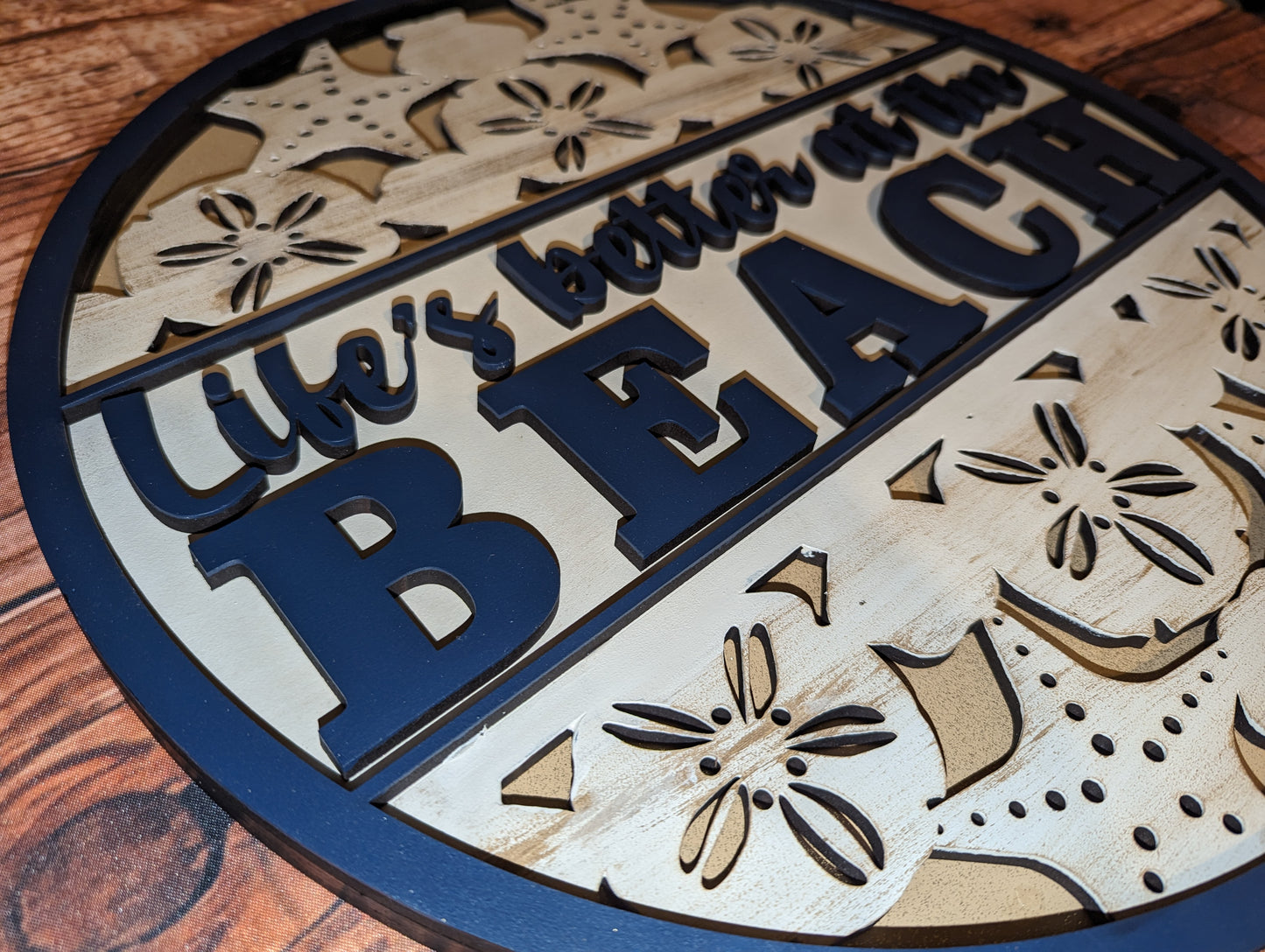 Life's Better at the Beach with Shell Lacy Background Door Sign