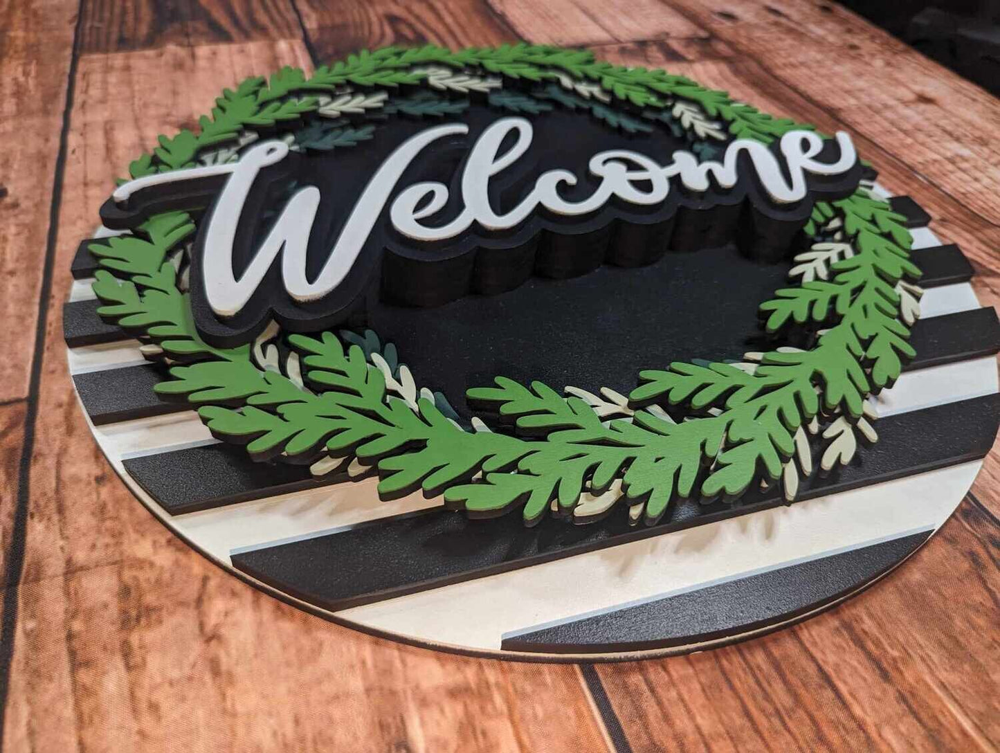 Welcome Wreath with Black & White Stripes Door Sign