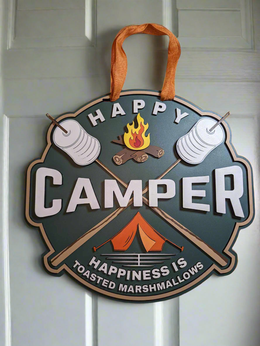 Happy Camper Camping Marshmallow Sticks Door Sign