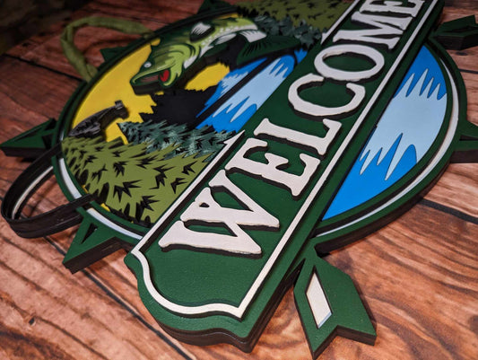 Fishing Lake Mountain Welcome Door Sign