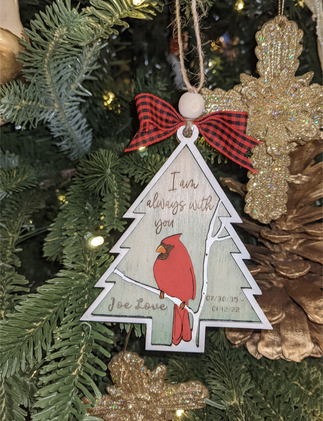 Christmas Tree Shaped Memorial Cardinal Wood Ornament
