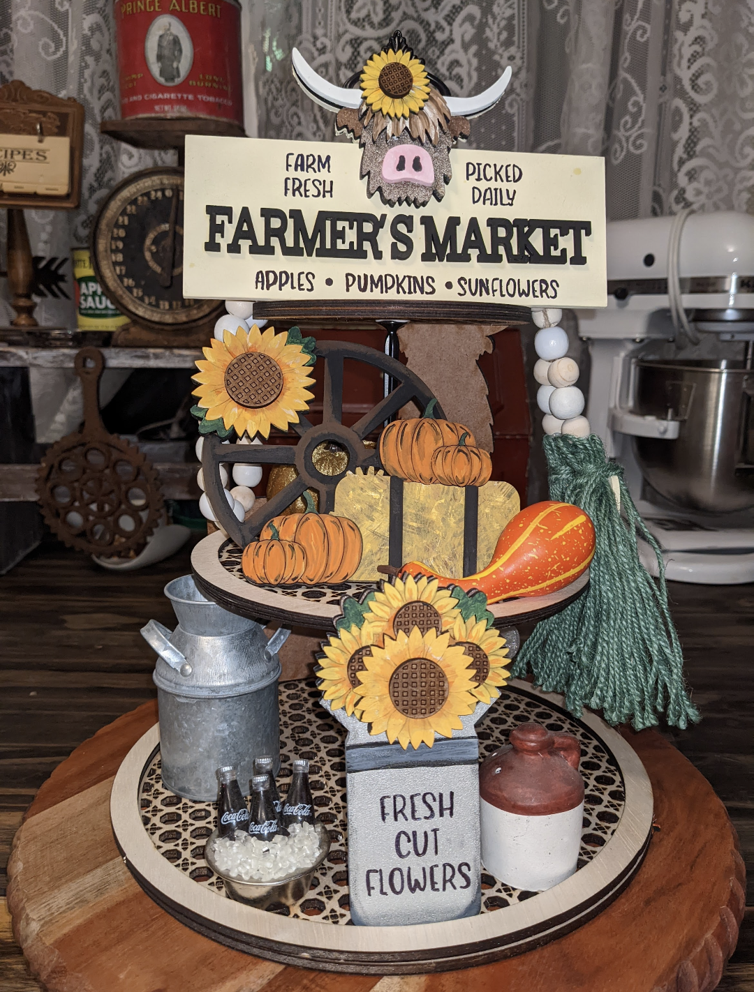 Highland Cow Tiered Tray Decor - Autumn - Fall - Pumpkin - Farm - Sunflower