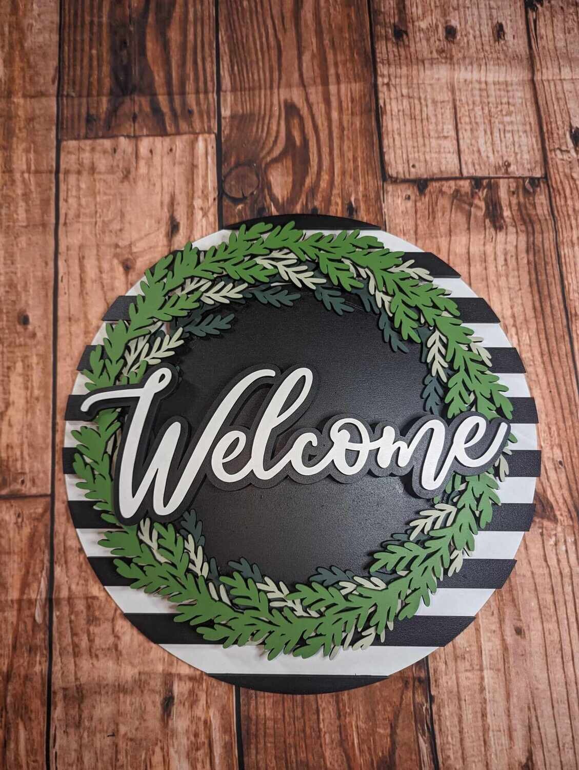Welcome Wreath with Black & White Stripes Door Sign