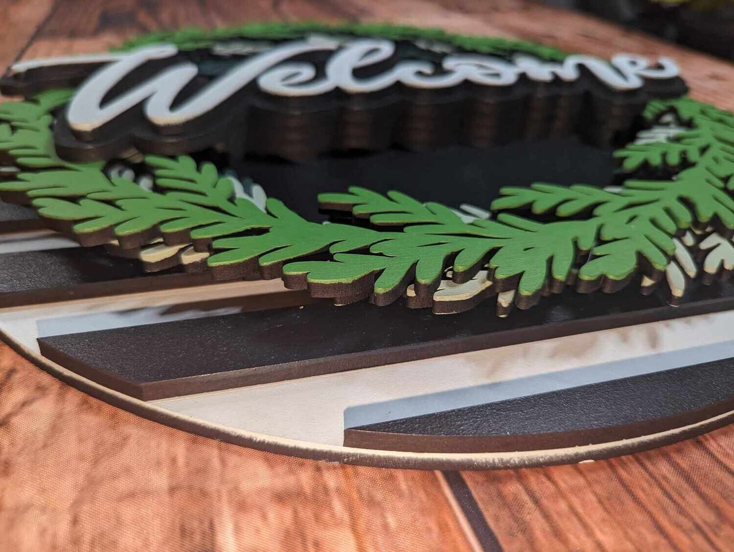 Welcome Wreath with Black & White Stripes Door Sign