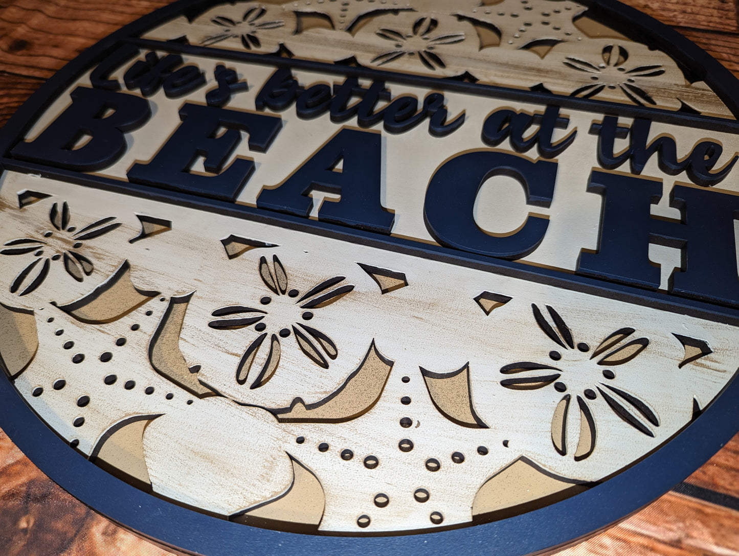 Life's Better at the Beach with Shell Lacy Background Door Sign