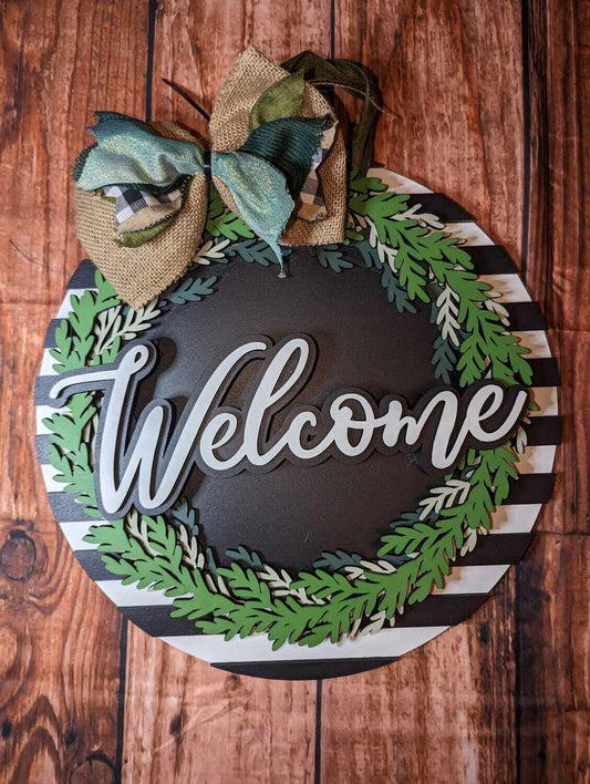 Welcome Wreath with Black & White Stripes Door Sign