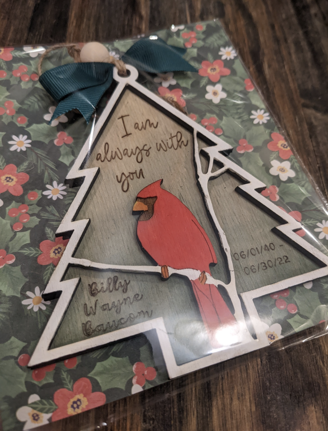 Christmas Tree Shaped Memorial Cardinal Wood Ornament