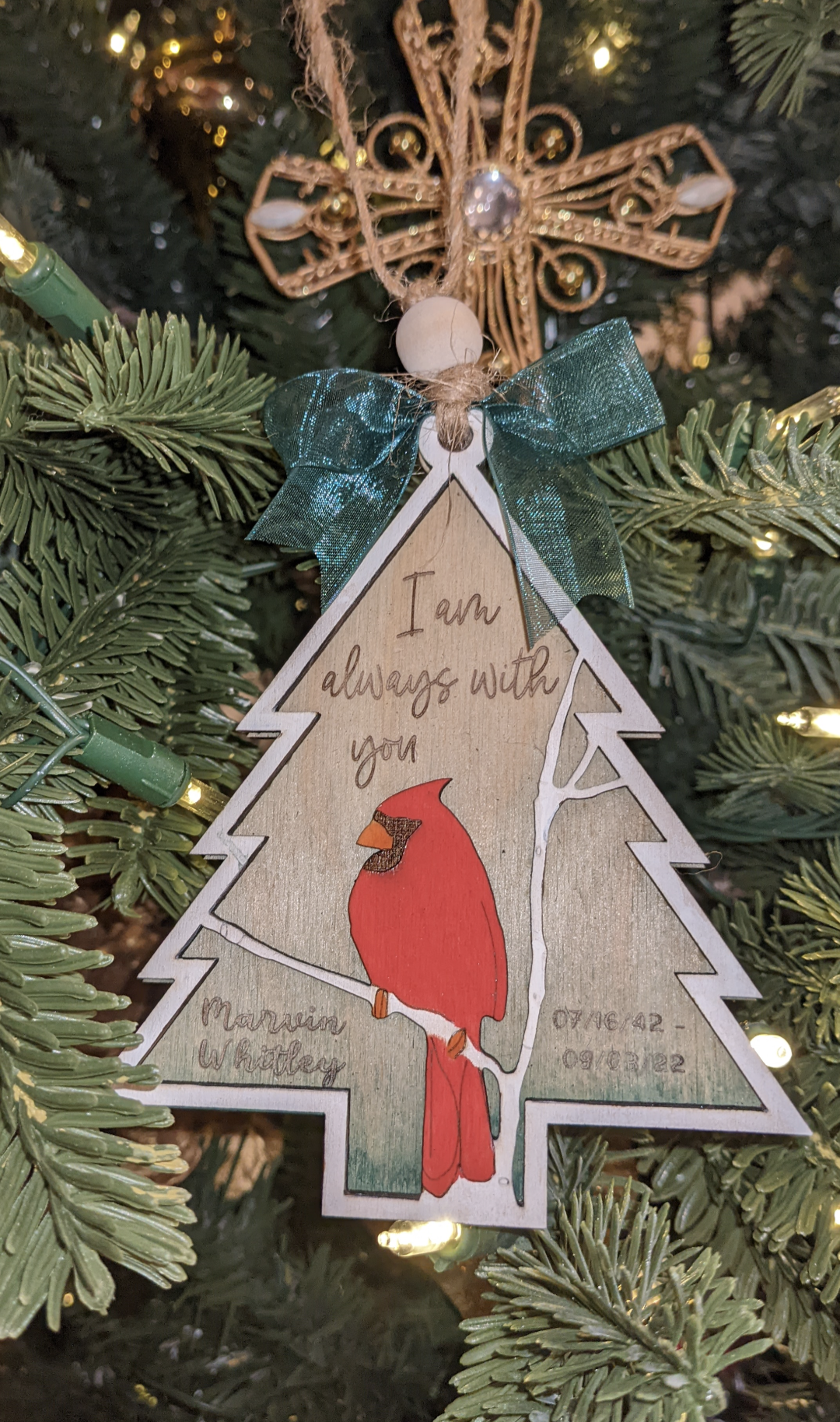 Christmas Tree Shaped Memorial Cardinal Wood Ornament